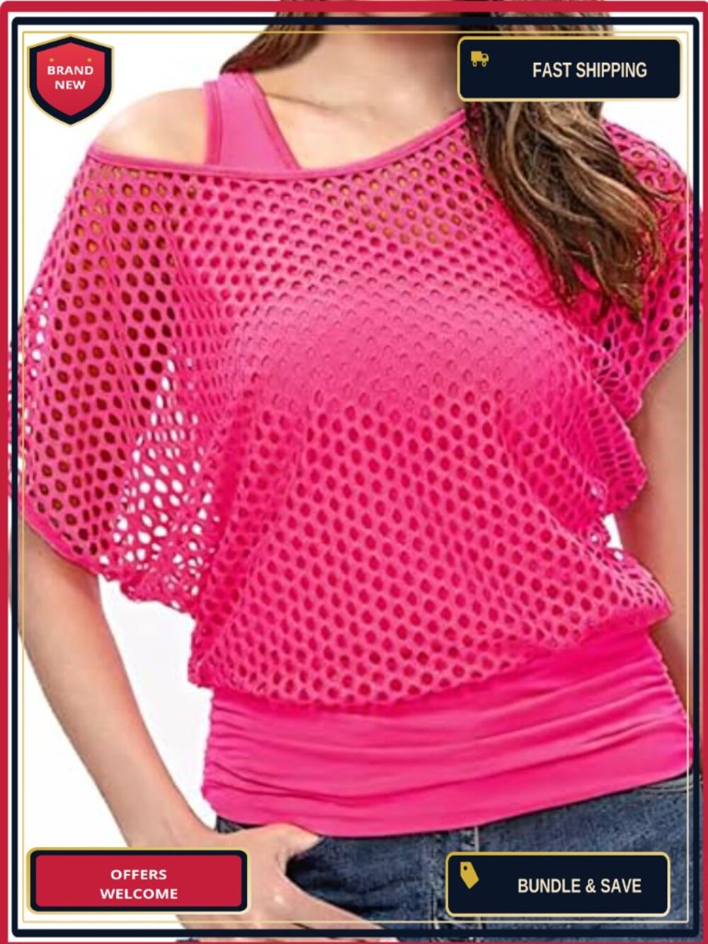 80s Neon Fishnet Off Shoulder Two Piece Tank Top Set Party Costume